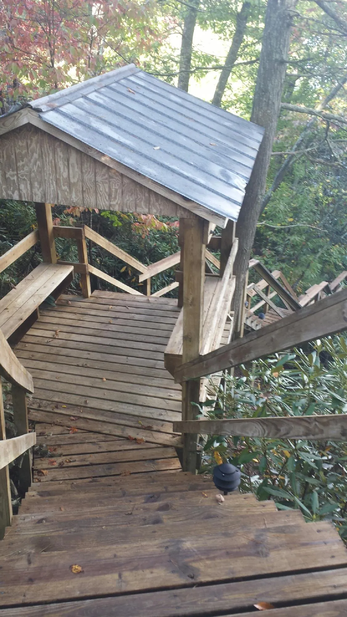 Metal roofed shelter over wooden steps on a wooded walkway — Skylight Repair & Installation work by our crew in Patriot